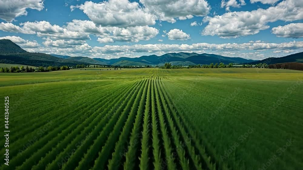Serene Aerial View of Beautiful Landscape with Lush Green Fields, Rolling Hills, and Bright Blue Sky Filled with Fluffy Clouds, Showcasing Nature and Agriculture in Rural Scenery. Serene Aerial View of Beautiful Landscape with Lush Green Fields, Rolling Hills, and Bright Blue Sky Filled with Fluffy Clouds, Showcasing Nature and Agriculture in Rural Scenery.
