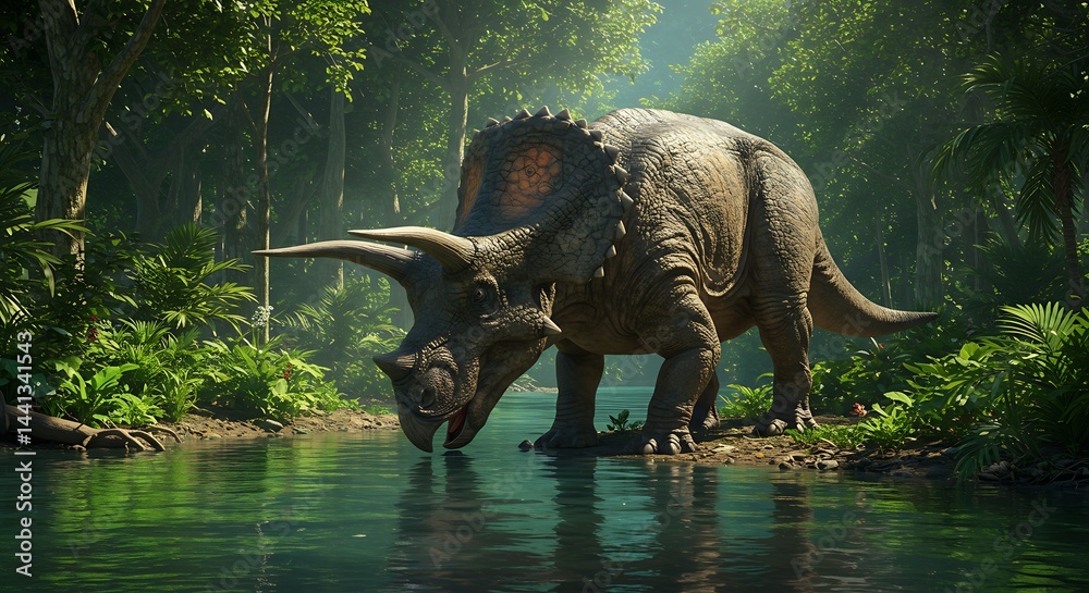 Fototapeta premium Realistic triceratops drinking water from a river surrounded by dense jungle vegetation