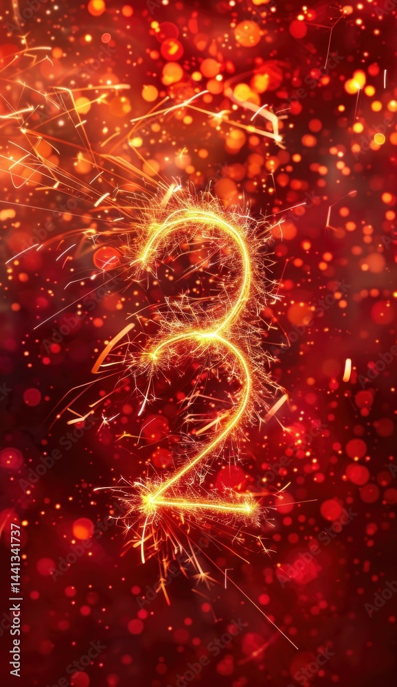 Glowing sparkler shaped bright number two with dynamic sparks and warm festive red and orange bokeh lights in background, evoking celebration and excitement