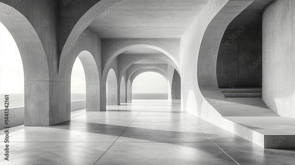 Fototapeta premium Arched hallway with columns and smooth floor in bright light monochrome architecture.