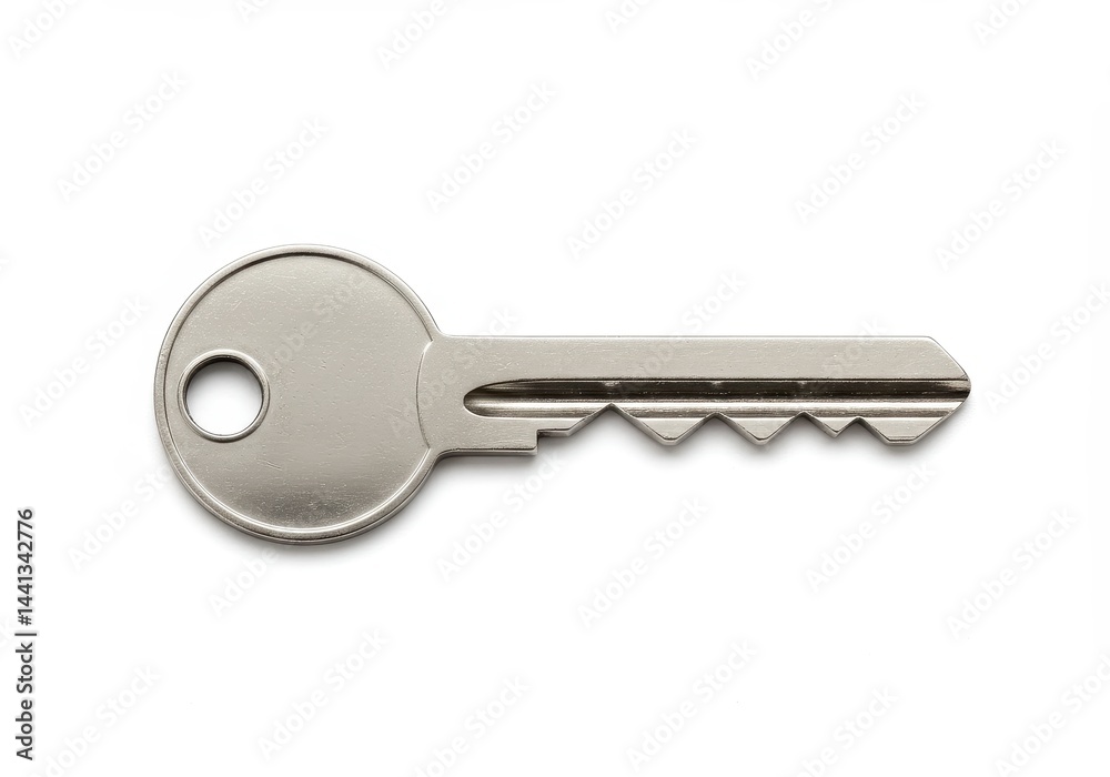 A single metal key with a circular head and jagged edge laying on a white background in a studio shot A single metal key with a circular head and jagged edge laying on a white background in a studio shot