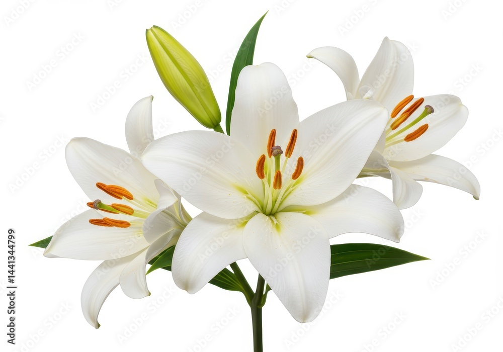 Fototapeta premium A close up of three white lilies with green leaves and a bud against a white background studio shot