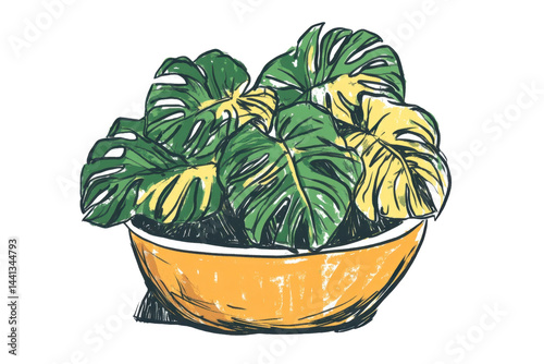 A colorful illustration shows a potted plant with large green leaves and yellow accents, ideal for home decor.