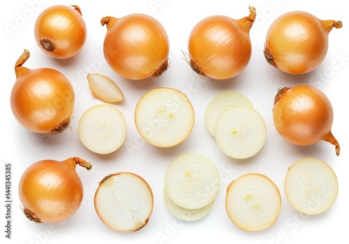 Arrangement of whole and sliced yellow onions displayed on a plain white surface from a top down view
