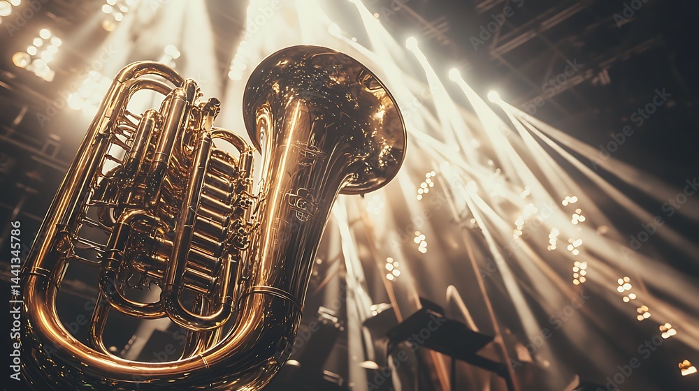 Naklejka premium Tuba on stage with bright lights.