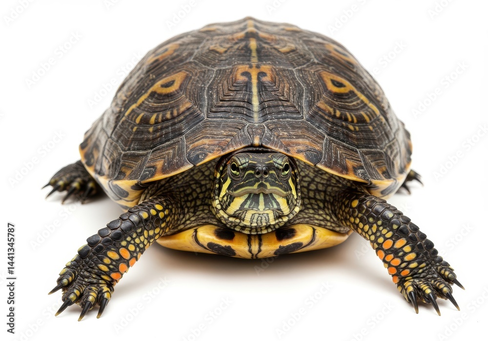 Fototapeta premium A close up shot of a turtle with a patterned shell on a white background facing the camera lens