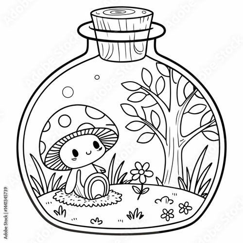 Whimsical Mushroom Terrarium Illustration Cute Coloring Page