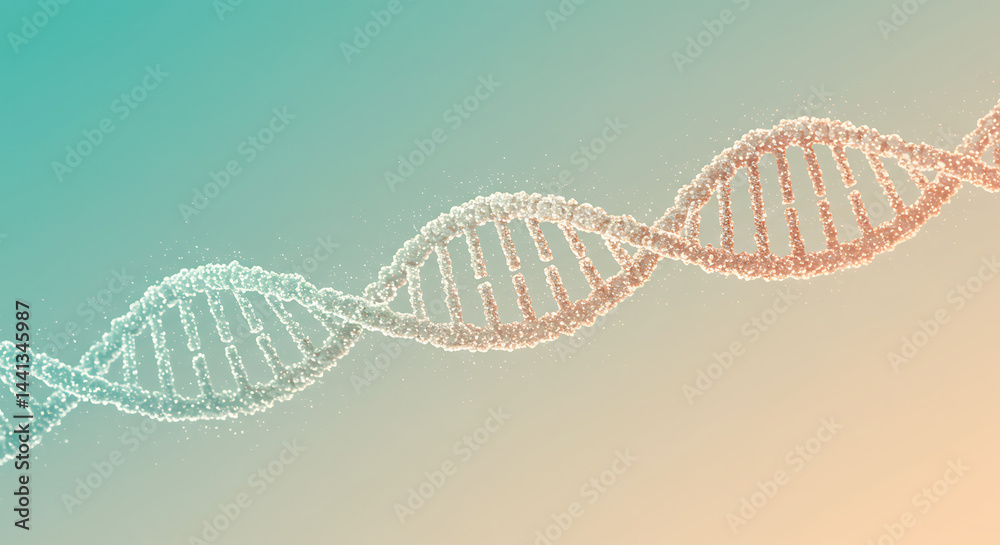 Fototapeta premium An elegant, shimmering double helix DNA molecule floats against a soft gradient background, representing genetics and life science.