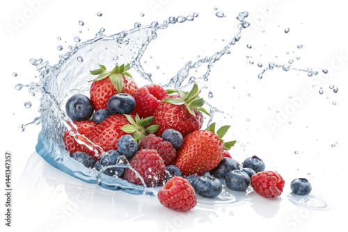 Strawberry, raspberry and blueberry, fresh berry mix in water splash cutout isolated on transparent background - generated by ai