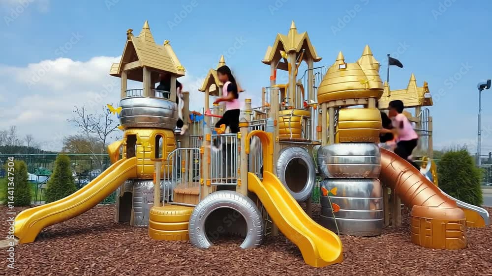 Colorful playground structure with slides and climbing features.