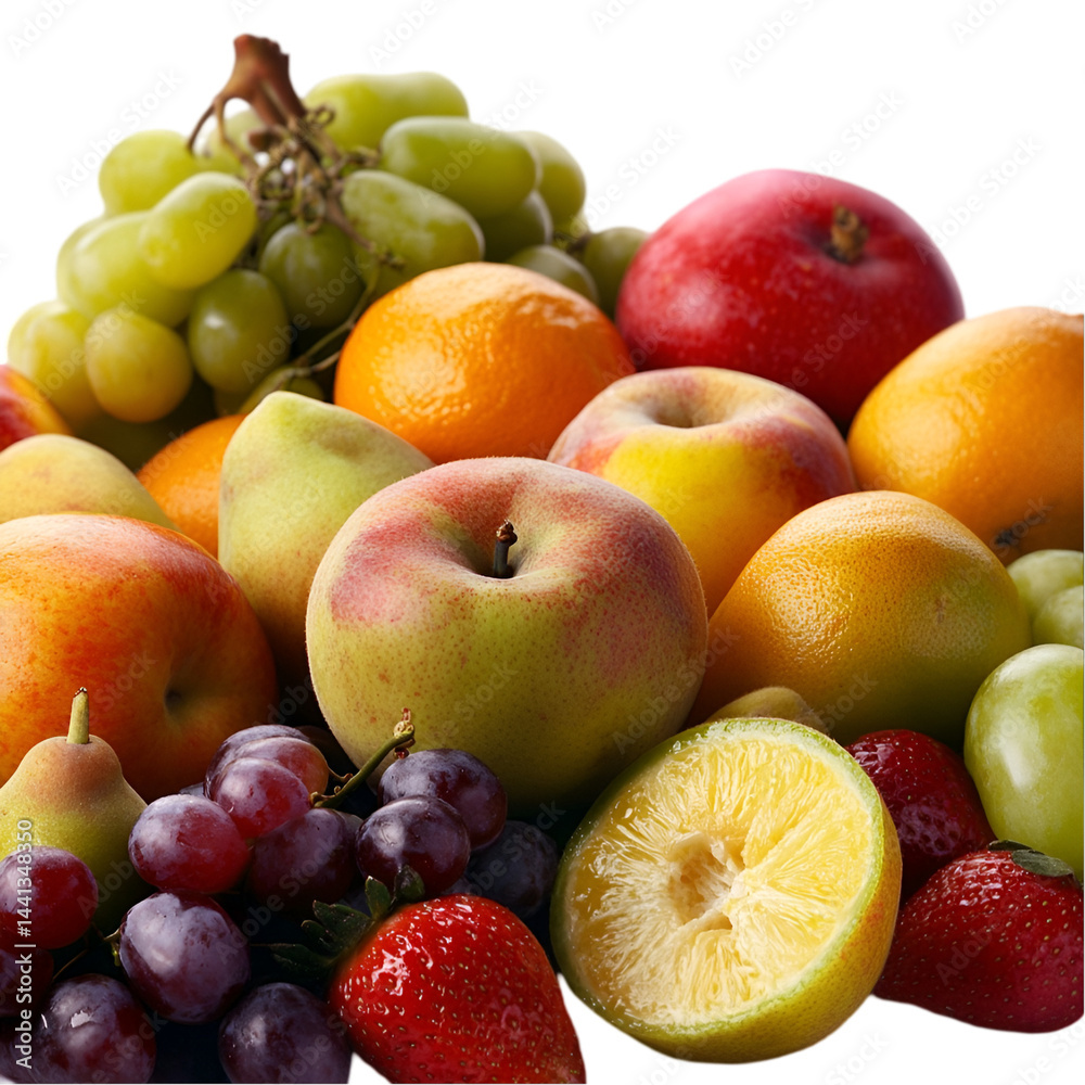 Fresh Fruit Mix on White Background with Grapes and Berries. Fruit mix on a white and transparent background, with grapes and blueberries, lemon, strawberry, orange, apple, and banana, PNG cutout.
Fresh Fruit Mix on White Background with Grapes and Berries. Fruit mix on a white and transparent background, with grapes and blueberries, lemon, strawberry, orange, apple, and banana, PNG cutout.