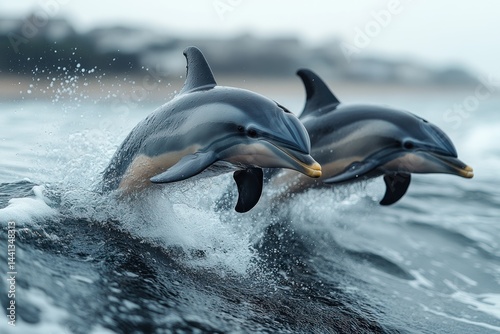 Two dolphins jump out of the water near a shore on a cloudy day.
