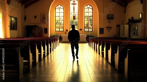 Silhouette of a person walking down the aisle of a traditional church towards the altar with a cross stained glass window.