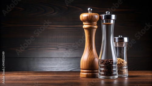 Elegant wooden salt and pepper mill set sitting atop a sleek glass vase on a dark wood table, sophisticated seasoning, upscale entertaining