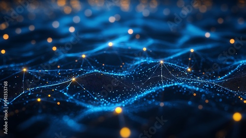 Abstract digital landscape with glowing blue network lines and nodes