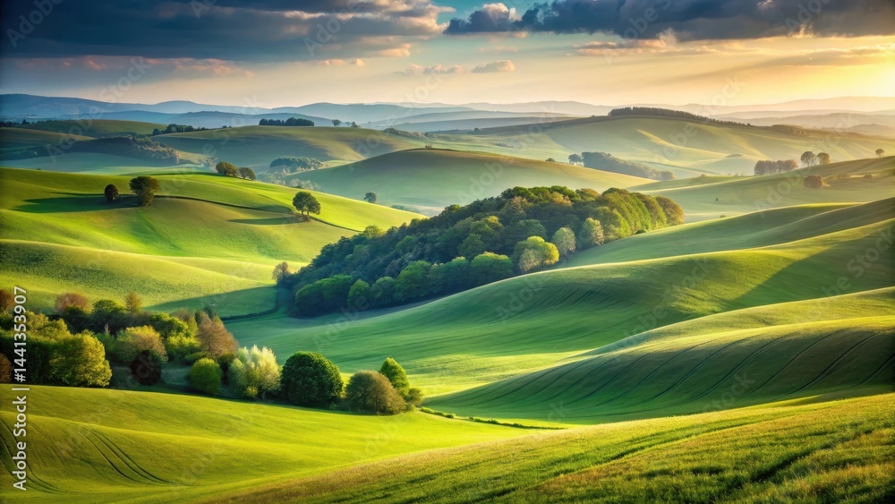 Obraz premium Serene rolling hills stretch towards a clear horizon over a lush green landscape with gentle undulations and subtle shades of vegetation, natural scenery, hills