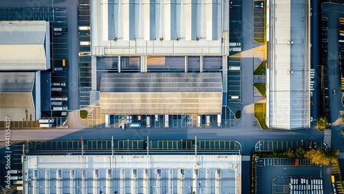 Aerial view of a large industrial warehouse complex with multiple buildings, parking areas, and delivery trucks. Perfect for depicting logistics and commerce.