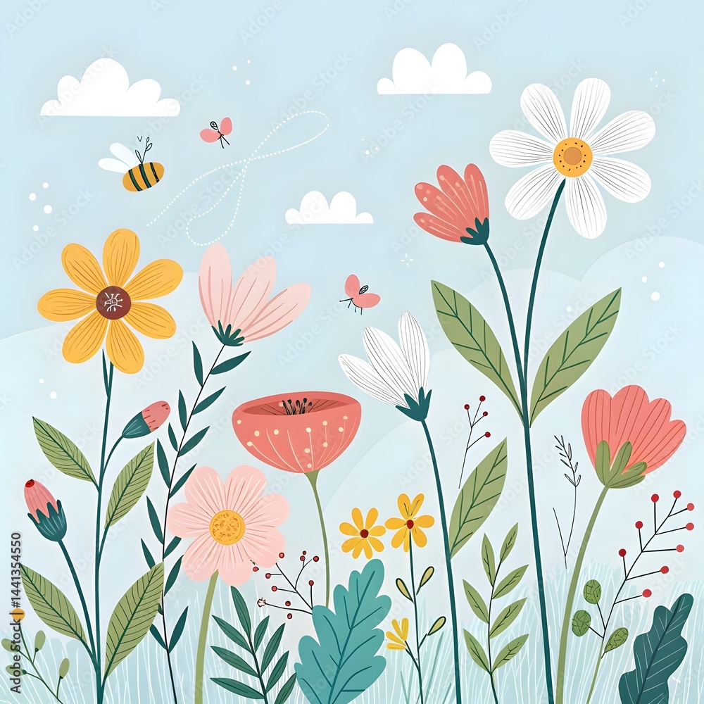 Fototapeta premium “Whimsical wildflower garden with colorful blooms and soft blue background.”