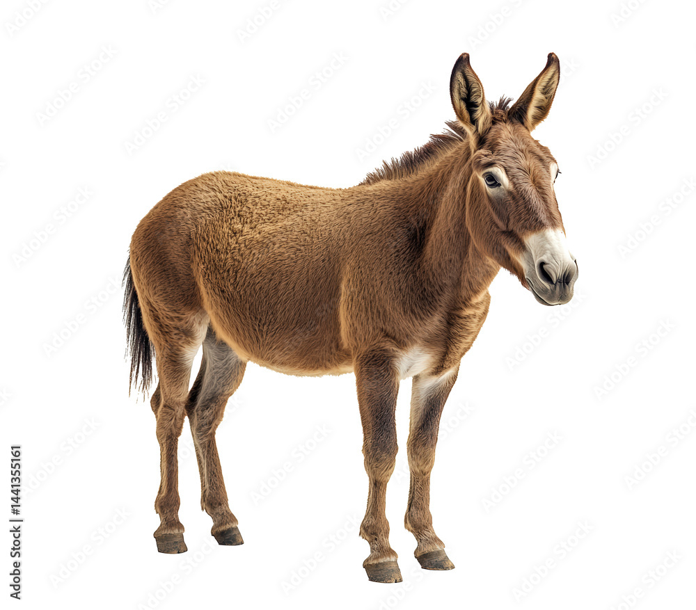 A brown donkey stands in front of a white background. The donkey is looking straight ahead, with its head held high. Concept of strength and confidence A brown donkey stands in front of a white background. The donkey is looking straight ahead, with its head held high. Concept of strength and confidence
