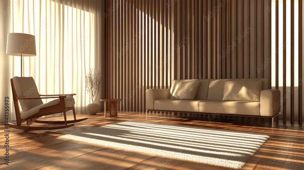 Fototapeta premium Modern living room, sunlight, wooden wall, relaxing