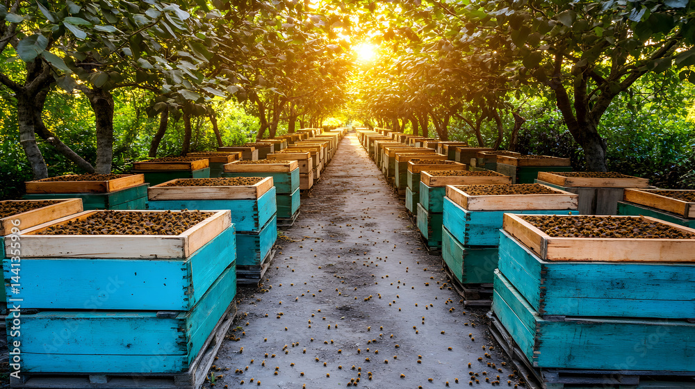 Rows of beehives brimming with honeycombs under a sunlit tree canopy. A pathway winds between them, strewn with busy bees. Rows of beehives brimming with honeycombs under a sunlit tree canopy. A pathway winds between them, strewn with busy bees.