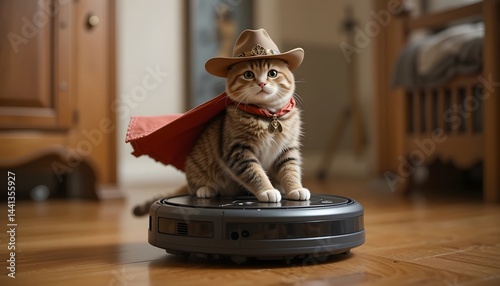 A cat riding a Roomba vacuum like a cowboy