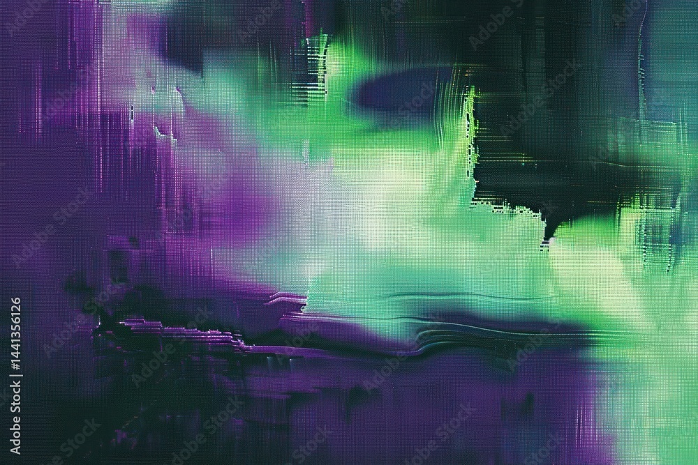Obraz premium abstract digital painting with flowing green and purple hues blending with textured streaks and horizontal lines, evoking a mysterious and vibrant atmosphere
