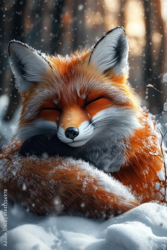 Fototapeta premium red fox curled up in a snowy landscape thick fluffy fur visible soft lighting cozy winter scene 