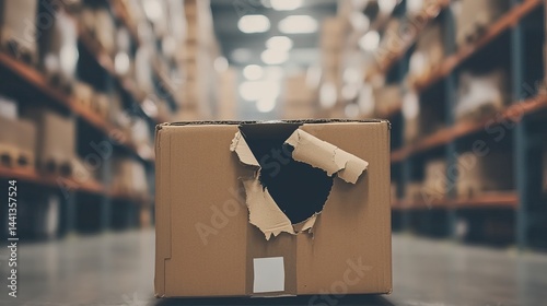 Torn shipping label on cardboard box symbolizing order cancellations, logistics problems, failed delivery and ecommerce return concept