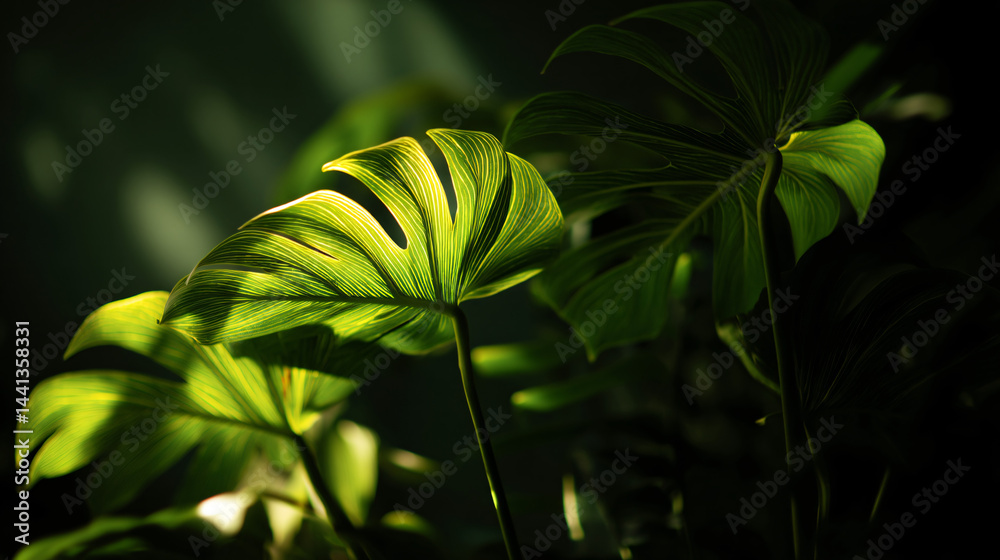 Monstera leaves showcase bright green foliage, shadowed. Botanical detail