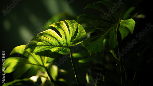 Obraz na płótnie Monstera leaves showcase bright green foliage, shadowed. Botanical detail w salonie