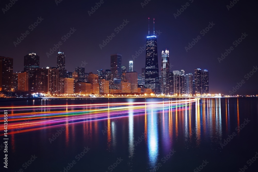 Fototapeta premium City skyline at night with lights reflecting on water.