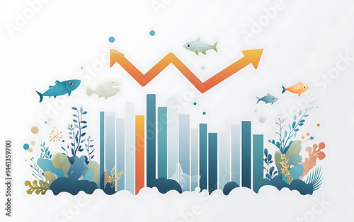 Creative underwater business growth concept with fishes, bar chart, and upward arrow on white background