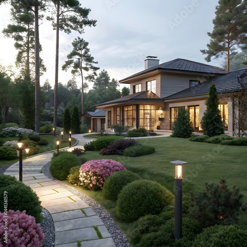 “Modern hillside home at dusk with landscape lighting and lush garden paths.”