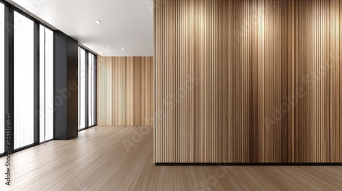Modern interior design of a spacious room with wooden walls and large windows showcasing natural light