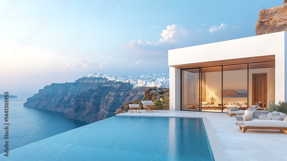 Fototapeta premium Cliffside infinity pool villa with breathtaking Aegean Sea views
