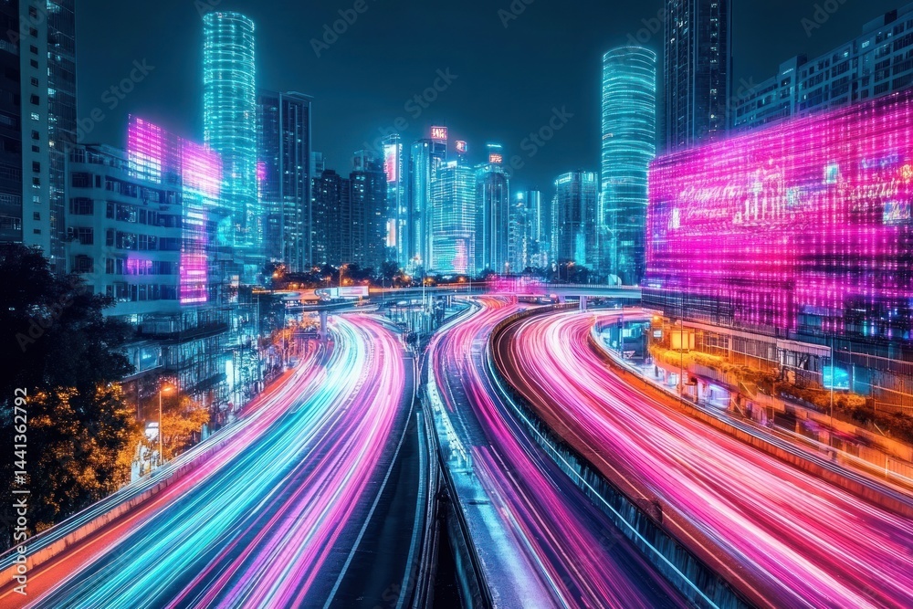 Cityscape at night with light trails from vehicles and illuminated buildings. Cityscape at night with light trails from vehicles and illuminated buildings.