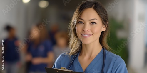 Confident female nurse in hospital hallway (1) photo