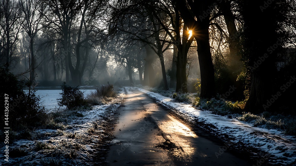 Sunlit Winter Road with Misty Forest Path, and Frosty Dawn.