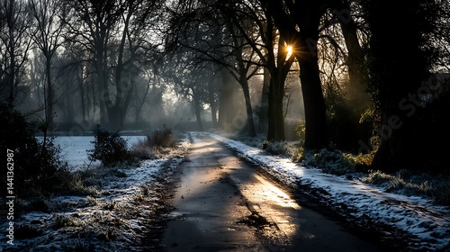 Obraz na płótnie Sunlit Winter Road with Misty Forest Path, and Frosty Dawn. w salonie