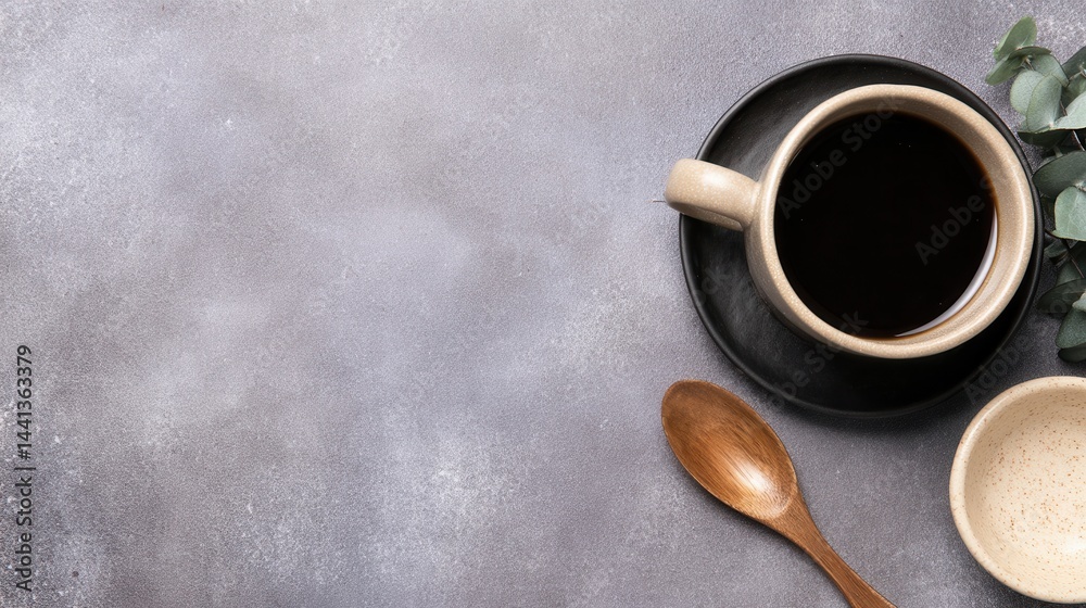 A cozy coffee scene featuring a cup of dark brew, a wooden spoon, and a small bowl of cream on a textured surface