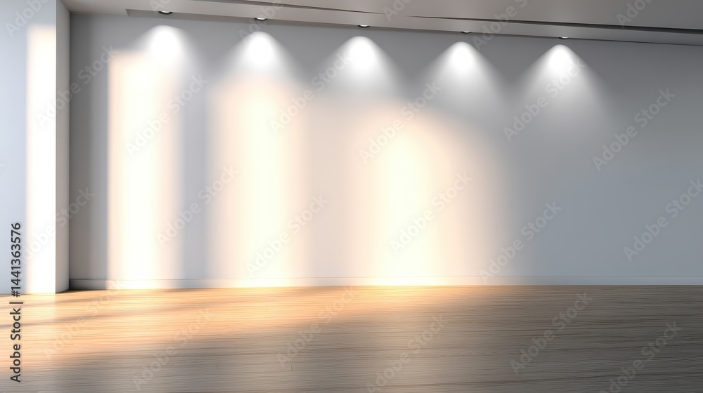 Brightly lit empty gallery space with smooth wooden floor and soft light reflections on walls