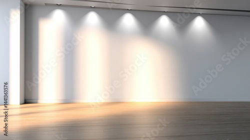 Obraz na płótnie Brightly lit empty gallery space with smooth wooden floor and soft light reflections on walls w salonie