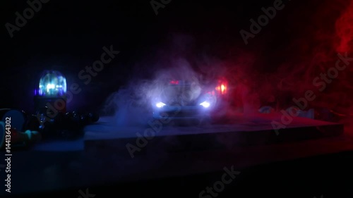 Chess board game concept of business ideas and competition. Police car on a dark background with smoke and fog. Selective focus