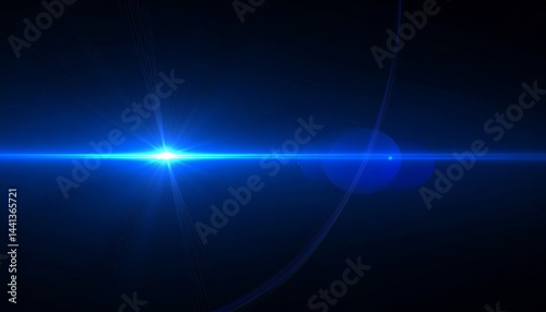 Horizontal light flare on a black background. Glowing blue beam with soft gradient effect, futuristic energy, lens reflection, cinematic glow
