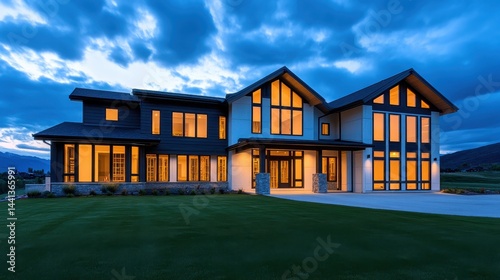 Modern house with illuminated windows at dusk, surrounded by a serene landscape and cloudy sky