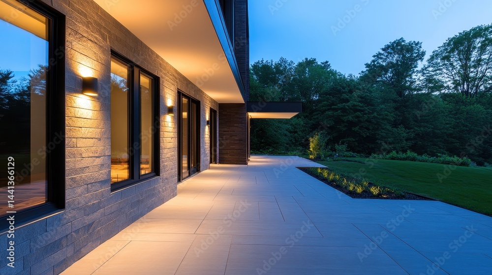Modern architecture featuring a serene patio at dusk, surrounded by lush greenery and soft lighting