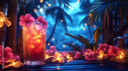 Tropical drink celebration at a tiki hut hawaiian paradise vibrant nighttime scene