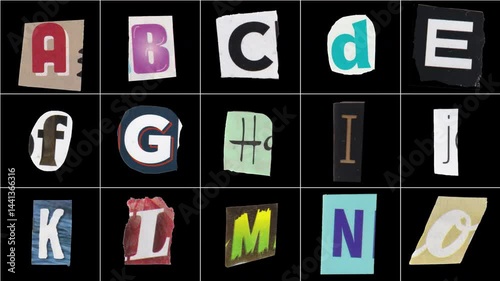 An animated magazine font featuring all the letters of the alphabet and the main punctuation/special characters, made from magazine clippings, on a transparent background for easy compositing.