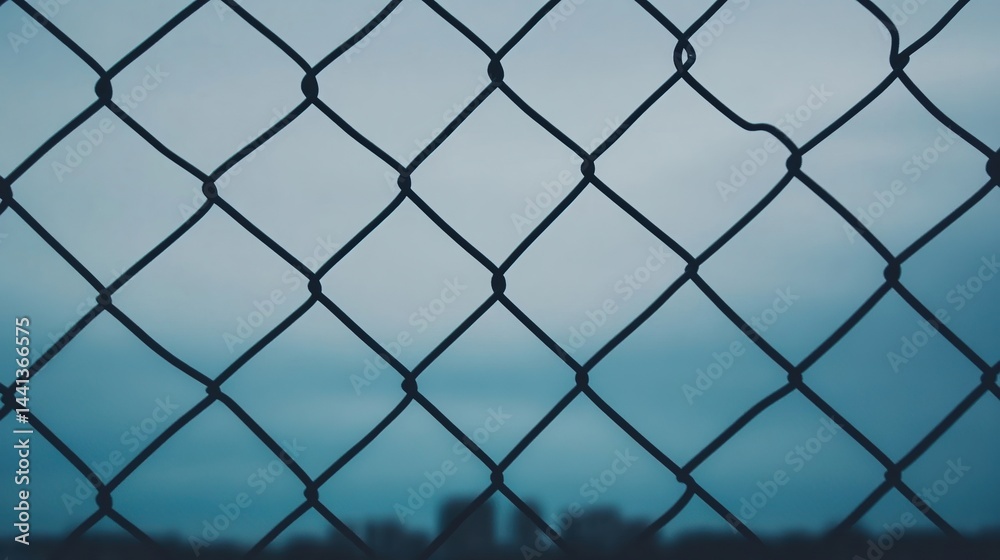 A chain-link fence silhouetted against a blue sky, with a blurred cityscape in the background. A chain-link fence silhouetted against a blue sky, with a blurred cityscape in the background.
